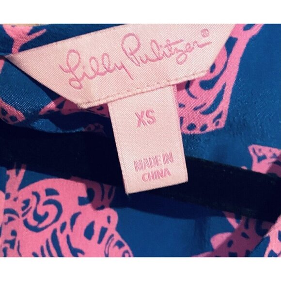 Lilly Pulitzer Top Womens XS Blue Pink Silk Elephant Print Tank Back Zipper Boho - Picture 7 of 10